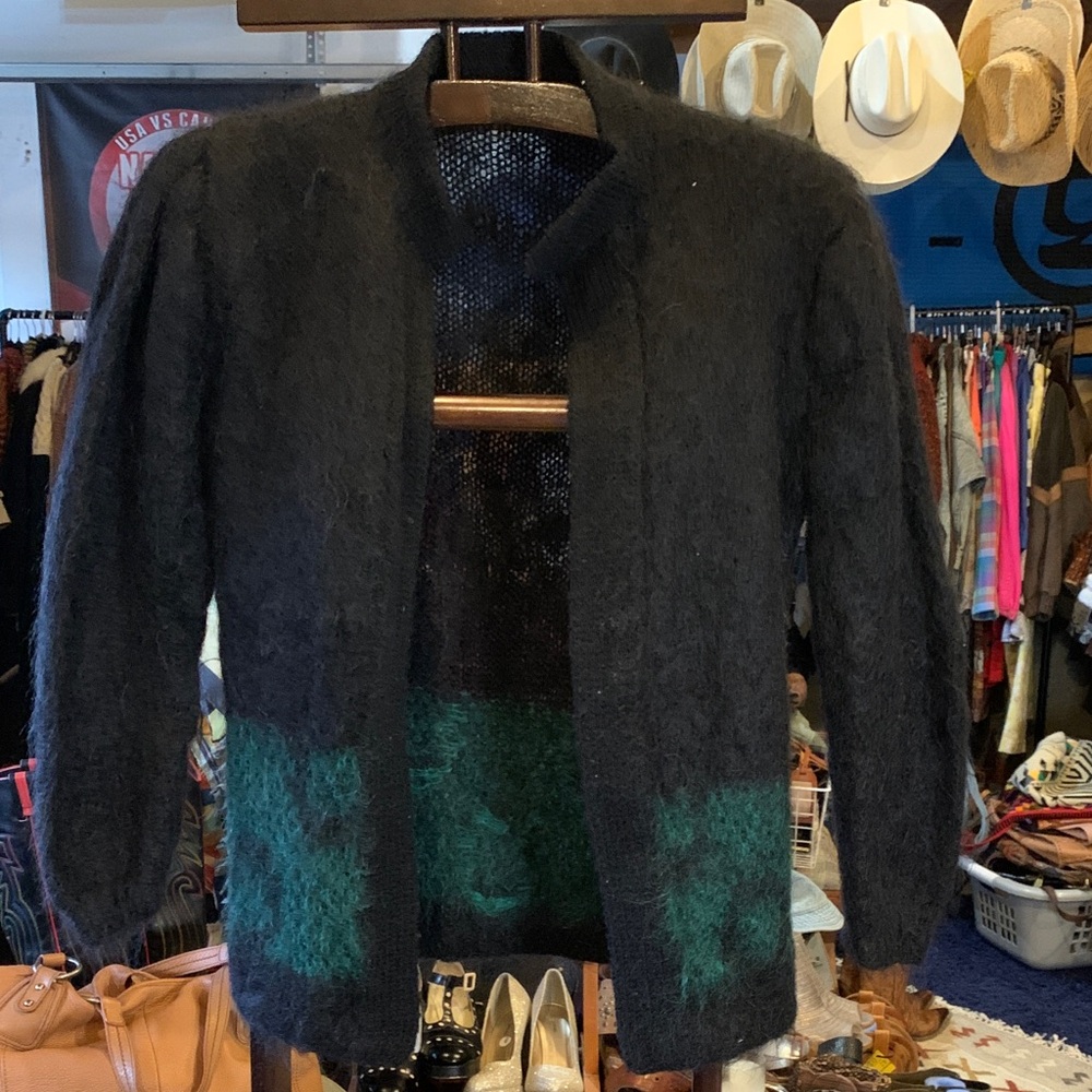 Vintage Women's Black and Green Mohair  cardigan sweater